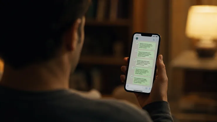 Pessoa vista por trás olhando uma conversa de grupo cheia de mensagens encaminhadas