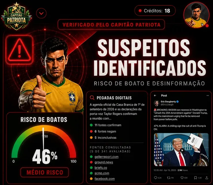 Tela real do Capitão Patriota com suspeitos identificados, risco de boato de 46% e pegadas digitais
