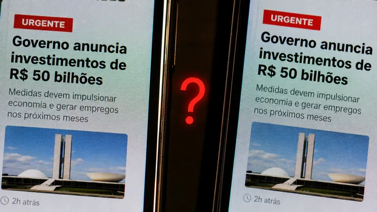 Duas telas de celular idênticas com um ponto de interrogação vermelho entre elas