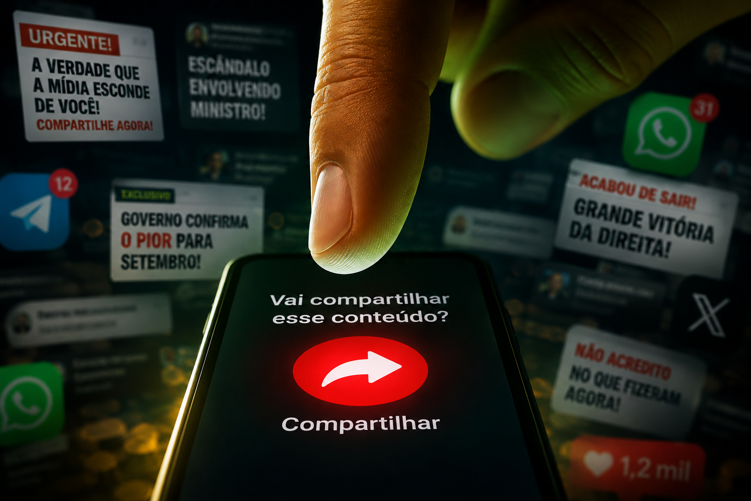 Dedo parado sobre o botão Compartilhar de um celular, cercado de manchetes marcadas como urgentes