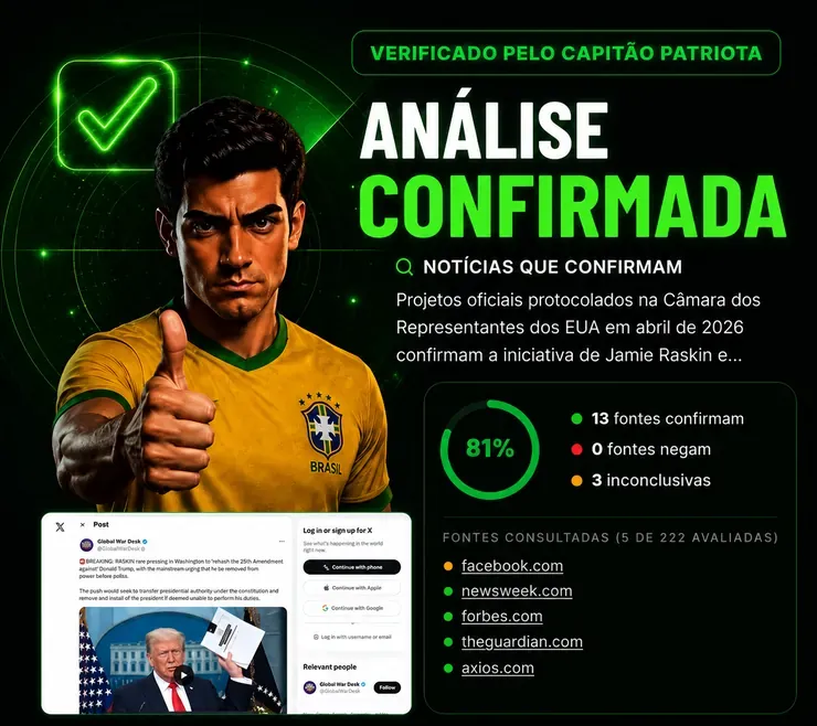 Tela real do Capitão Patriota com análise confirmada: 13 fontes confirmam, 0 negam, e a lista de fontes consultadas